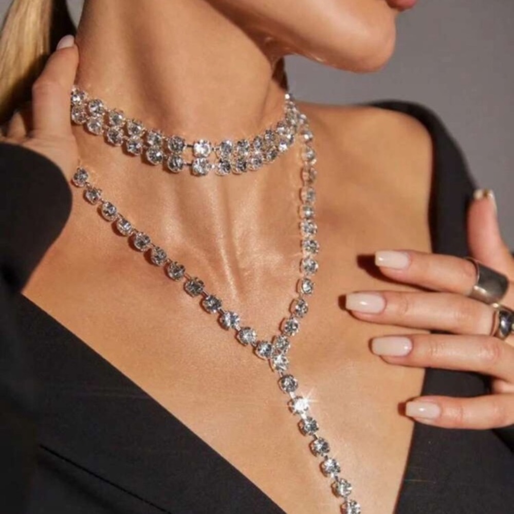 1pc & Elegant Full Crystal Bridal Jewelry, Shiny Single Row Cz Necklace